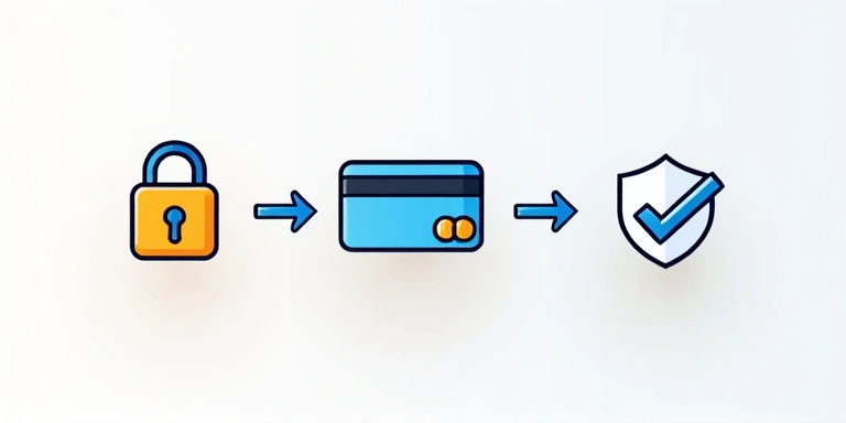 Ilustración de un proceso de pago seguro con iconos de candado y tarjeta de crédito.