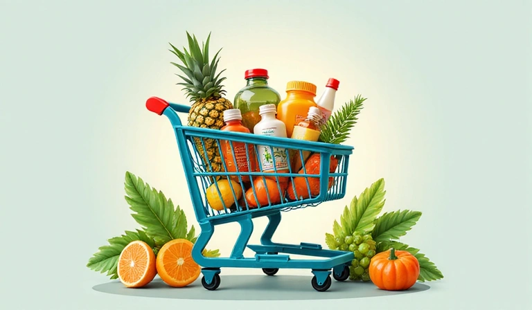 Ilustración de una cesta de la compra llena de productos saludables y brillantes.