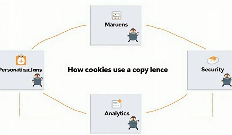 Diagrama de flujo mostrando cómo las cookies mejoran la experiencia del usuario en un sitio web, con iconos que representan personalización, seguridad y análisis.