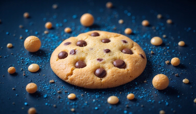 Ilustración de una galleta digital con chips de información flotando a su alrededor, representando las cookies de internet.