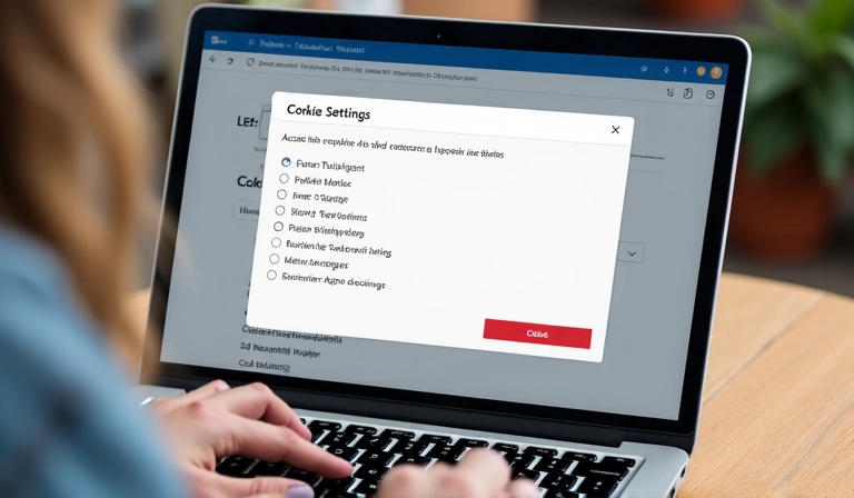 Persona usando un ordenador portátil con una ventana emergente de configuración de cookies en la pantalla, mostrando opciones para aceptar o rechazar diferentes tipos de cookies.