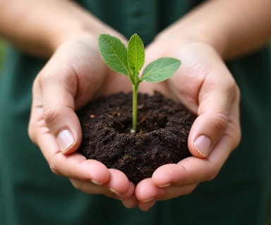 Manos sosteniendo un pequeño brote de planta, simbolizando sostenibilidad y ecología.
