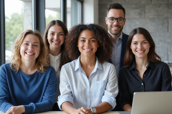 Un equipo diverso de personas sonriendo y colaborando en una oficina luminosa.