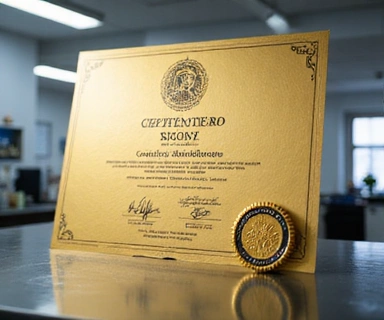 Un certificado dorado con un sello de aprobación y un fondo borroso de laboratorio.