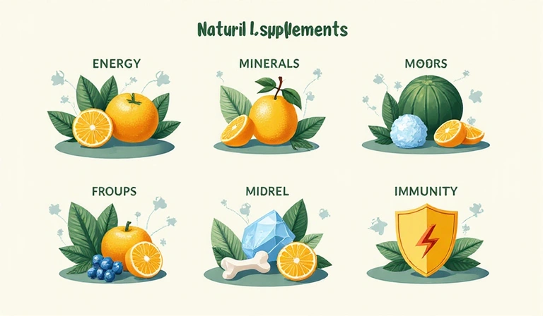 Ilustración de diversas categorías de suplementos naturales