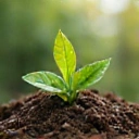 Hoja verde creciendo de la tierra simbolizando ecología y sostenibilidad