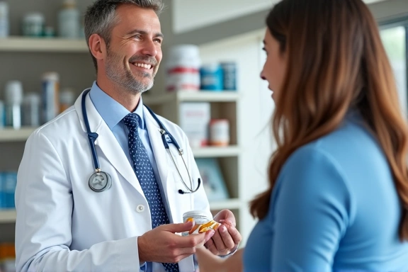 Doctor o farmacéutico aconsejando a un cliente sobre suplementos.