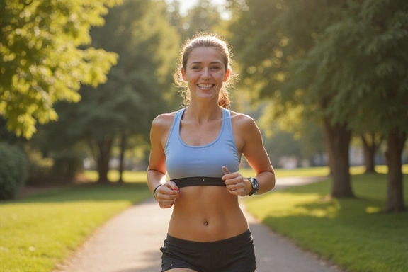 Mujer joven sonriendo con energía, corriendo al aire libre.