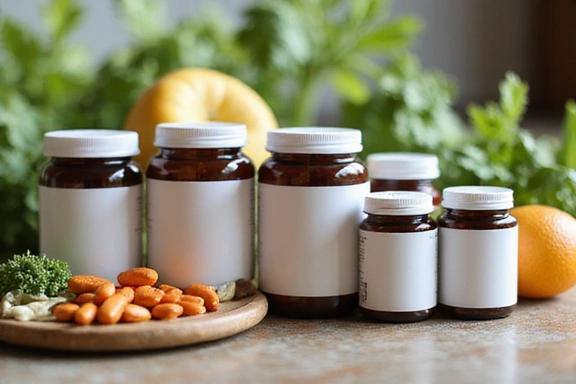 Variedad de suplementos en frascos, con fondo borroso de ingredientes naturales.